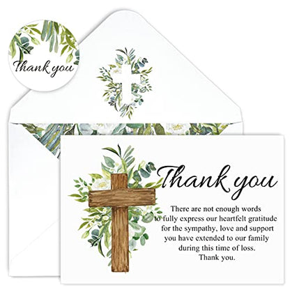 AnyDesign 48Pcs Funeral Thank You Cards Sympathy Thank You Cards with Stickers Envelopes Watercolor Greenery Cross Bereavement Card with Message for Memorial Service Loved Ones Celebration of Life