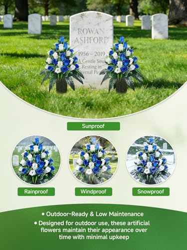 Mirevielyn 2-Pack 24 Stems Artificial Rose Cemetery Flowers with Vases - color: Royal Blue & White
