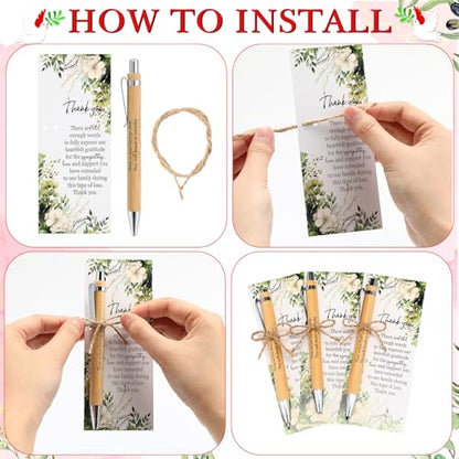 Ctosree 100 Sets Memorial Funeral Favors Include Green Leaf Sympathy Cards and Bamboo Ballpoint Pens Funeral Thank You Favors for Guest Sympathy Remembrance Gifts for Loss of Loved One