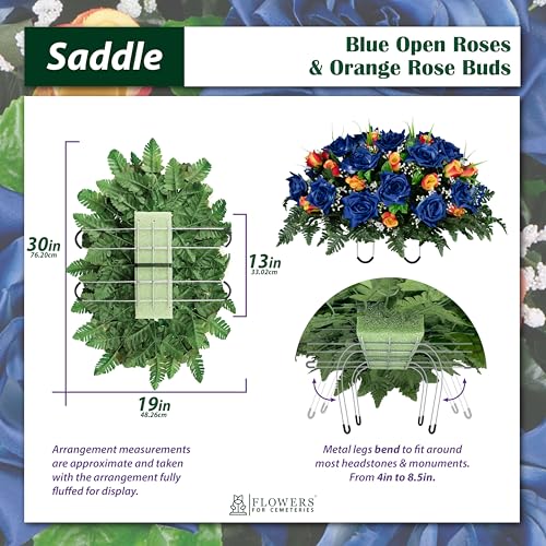Sympathy Silks - Artificial Flowers for Cemeteries - Blue Open Roses and Orange Rose Buds - (1) Headstone Saddle - color: Blue/Orange