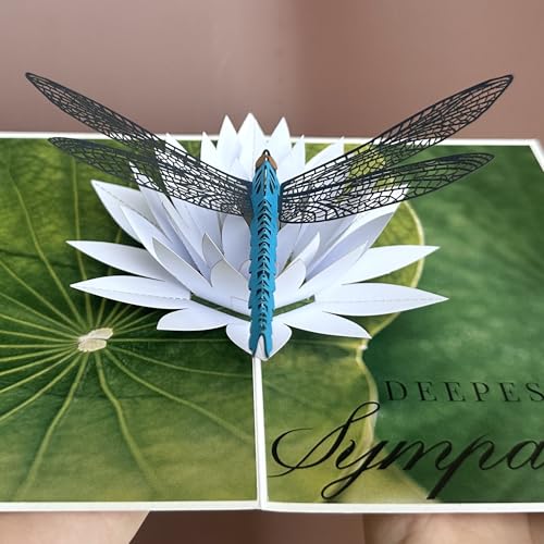 Pop Up Sympathy Card, 3D Dragonfly Waterlily, Sorry for Your Loss Card | Beautiful PopUp Sympathy Cards for Loss of Loved One, Mother, Father, Mom, Dad, Child, Sister, Condolence Card w Envelope - color: AFL DRAGONFLY SYMPATHY