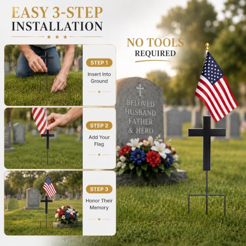 16 Inch Cross American Veteran Grave Marker, American Flag Holder | Metal Black Cross with Ground Stake, American Flag Hole Ready, Patriotic Graveside Tribute, 4th of July Memorial Display - style: Cross