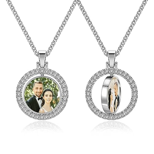 PiercingJ Customized Double-Side Photo Necklace Custom Picture Pendant Chain Personalized Cubic Zirconia Hip Hop Jewelry Gift for Men Women with Gift Box - color: Silver-Round-1PC
