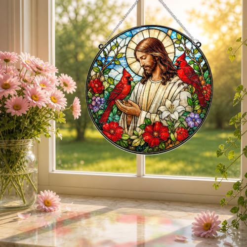 Jesus with Cardinals Memorial Suncatcher, 8" Christian Stained Glass Wavy Acrylic Window Hanging, Sympathy Gift for Loss of Loved One, Mom, Dad, Grandma, Family Members, Religious Gifts for Women - color: Jesus With Cardinals