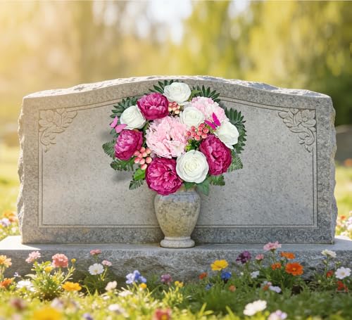 Artificial Cemetery Flowers,Memorial Flowers,Beautiful Arrangements for Headstones,Silk Hydrangea Rose Lily Daisy