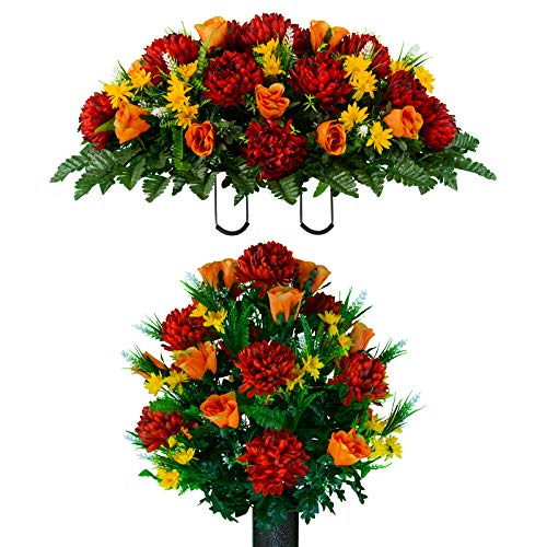 Artificial Cemetery Flowers – Realistic Vibrant Roses, Outdoor Grave Decorations - Non-Bleed Colors, and Easy Fit - 1 Burgundy Mum and Orange Rose Bouquet & 1 Saddle - color: Burgundy, size: 1 Bouquet and 1 Saddle