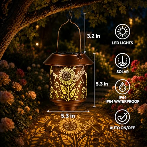 2 Pack Solar Lantern Outdoor Hanging, Gifts for Women Mom（Sunflower） - color: b-Dragonfly-2PC