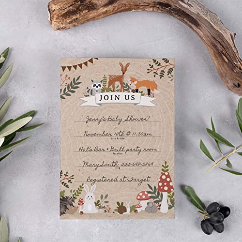 Canopy Street Woodland Animals Fill In Invitations / 25 Gender Neutral Baby Shower Invites With White Envelopes / 5" x 7" Forest Adventure Party Event Invite/Made In The USA - color: Woodland