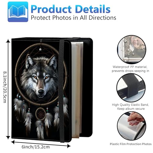 Photo Album 3.5x5 80 Photos Small Capacity PU Leather Cover, Dreamcatcher Wolf Mini Photo Album 3.5x5 with Elastic band, Birthday Christmas Photo Albums Wedding Anniversary - color: Dreamcatcher Wolf, size: 3.5*5 Holds 80 Photos