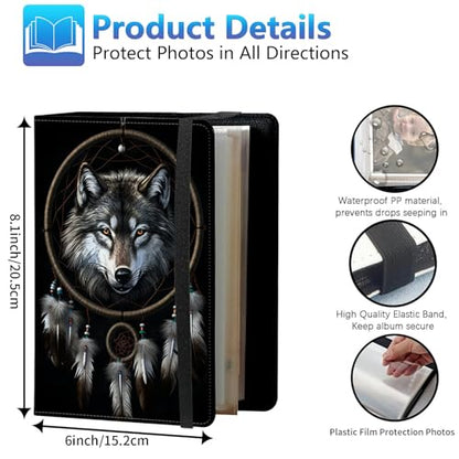 Photo Album 3.5x5 80 Photos Small Capacity PU Leather Cover, Dreamcatcher Wolf Mini Photo Album 3.5x5 with Elastic band, Birthday Christmas Photo Albums Wedding Anniversary - color: Dreamcatcher Wolf, size: 3.5*5 Holds 80 Photos