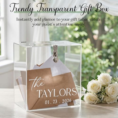 Novabright 10 Inches Wedding Acrylic Card Box with Slot Lock and Last Name Transfers Money Box for Bridal Shower Wedding, Baby Shower Birthday Party, No Assembly Needed(Clear,Classic Style) - color: Clear, style: Classic Style