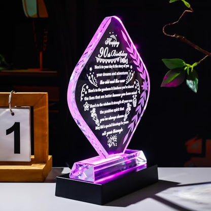 YWHL 90th Birthday Gifts for Men Women Happy 90th Birthday Decorations Crystal 90 Year Old Gift Ideas for Wife Mom Dad Husband Grandma Who Born in 1935 - style: 90th Birthday Gifts+Light Base
