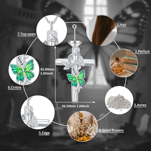 SOULMEET Enamel Butterfly Cross Urn Necklace for Ashes, Cross Moissanite Butterfly Ashes Necklaces with Forever in My Heart Engraved Keepsake Cremation Locket Jewelry for Women Men - color: D-Green, style: Custom Engraved