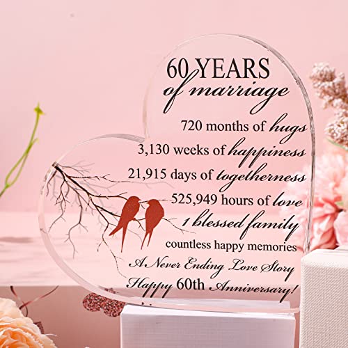 Qunclay 60th Years of Marriage Gift Wedding Anniversary Souvenir Heart Marriage Keepsake Decoration Present for Couple Parent Women Mom Husband Wife He She Friend Grandparents - style: 60th