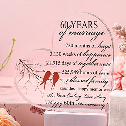 Qunclay 60th Years of Marriage Gift Wedding Anniversary Souvenir Heart Marriage Keepsake Decoration Present for Couple Parent Women Mom Husband Wife He She Friend Grandparents - style: 60th