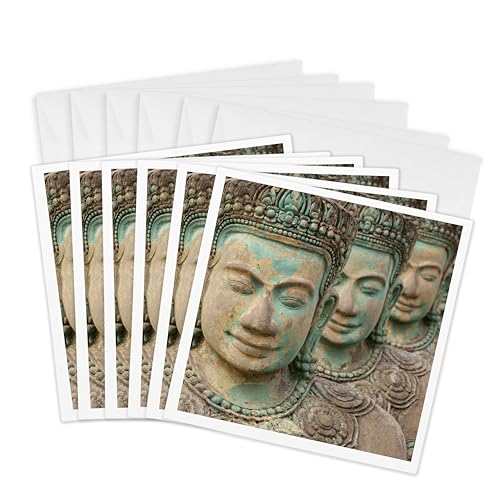 3dRose Greeting Cards - Cambodia, Siem Reap. Carved statues at Buddhist temple. - 6 Pack - Buddhism - size: 6 Greeting Cards with envelopes