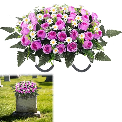 Wocst Cemetery Decorations for Grave Large Headstone Flower Saddle Grave Silk Flowers for Outdoor Grave Decoration (Purple) - color: Purple, size: 1 Saddle