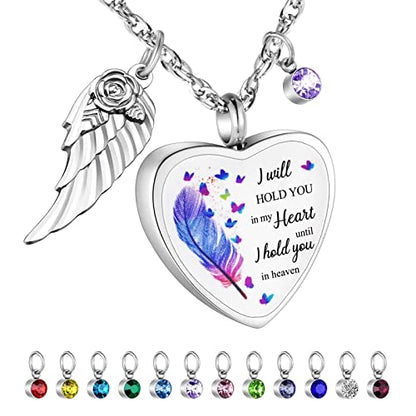 Dletay Heart Urn Necklace for Ashes Birthstones Cremation Jewelry for Ashes Stainless Steel Ash Necklace Memorial Ash Holder - color: Silver Wing
