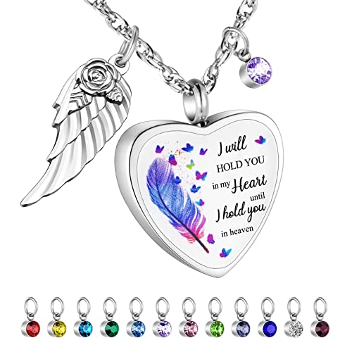 Dletay Heart Urn Necklace for Ashes Birthstones Cremation Jewelry for Ashes Stainless Steel Ash Necklace Memorial Ash Holder - color: Silver Wing