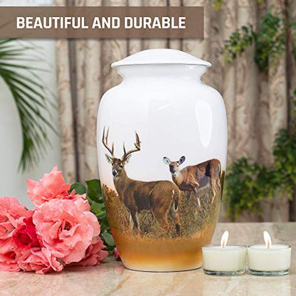 BOLD & DIVINE Hand Painted Deer Grazing Cremation Urn | Human Ashes Adult Memorial urn, Burial, Funeral Cremation Urns | 200 Cubic Inches (Large Adult Urn) with Unique Velvet Bag