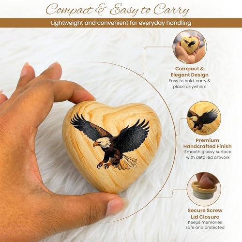 Eagle Fly Heart Keepsake Urn - Eagle Sharing Urn - Handcrafted Mini Memorial Cremation Urn for Human Ashes with Display Stand & Velvet Box (Heart Keepsake)
