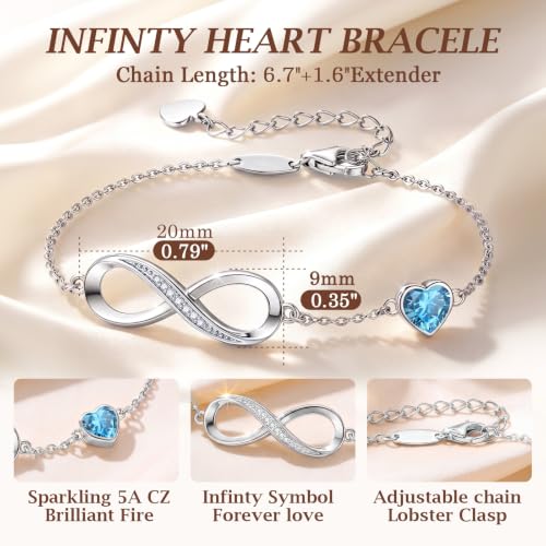 CDE 925 Sterling Silver Infinity Birthstone Bracelet Jewelry Gift for Women | Hypoallergenic,Non Tarnish,Heart CZ,Nickel-Free & Lead-Free,Anniversary Christmas Birthday Idea Gifts for Wife Girlfriend Her - color: 03-Mar