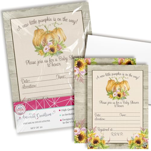 Watercolor Sunflower & Peony Floral with Pumpkins Fall Baby Shower Invitations, 20 5x7 Fill In Cards with Twenty White Envelopes by AmandaCreation - style: Sunflower & Peony