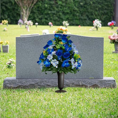 Sympathy Silks Artificial Cemetery Flowers - Gravesite Flowers - Blue Roses and Hydrangeas - (1) Bouquet (1) Cemetery Vase - size: Bouquet with Vase