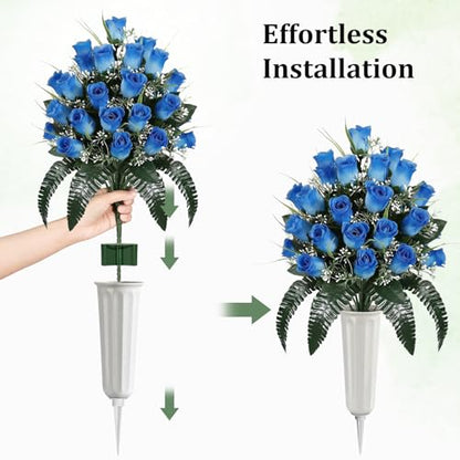 Lewondr Artificial Cemetery Flowers with Vase for Grave, Blue Roses, 2 Pack - color: Blue