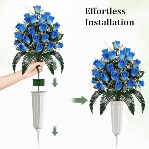 Lewondr Artificial Cemetery Flowers with Vase for Grave, Blue Roses, 2 Pack - color: Blue
