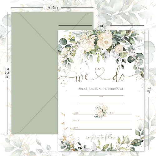 Whaline 25 Sets Greenery Floral Wedding Invitation with Envelopes Stickers Eucalyptus Leaves Fill in Blank Invites Cards for Bridal Shower, 5 x 7 Inch - style: Greenery Floral