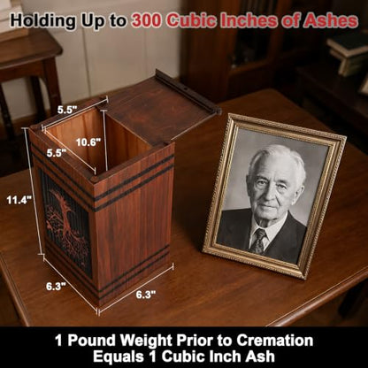 Wooden Cremation Urns for Human Ashes Adult Man Woman, Decorative Urns for Ashes Adult Male Female with Satin Bag, Large Burial Funeral Urn Box Holds 300 Cubic Inches (Tree of Life)