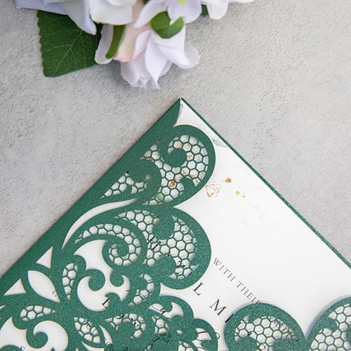 20Pcs Emerald Green Laser Cut Wedding Invitation Cards With Envelopes - color: Emerald Green