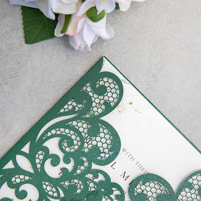 20Pcs Emerald Green Laser Cut Wedding Invitation Cards With Envelopes - color: Emerald Green