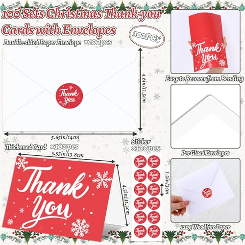 300 Pack Christmas Thank You Cards with Envelopes and Matching Stickers, 4.5x5.55 Inches Greeting Cards, Red Snowflake Thank you Cards for Xmas Wedding Graduation Business and Baby Shower - color: Red