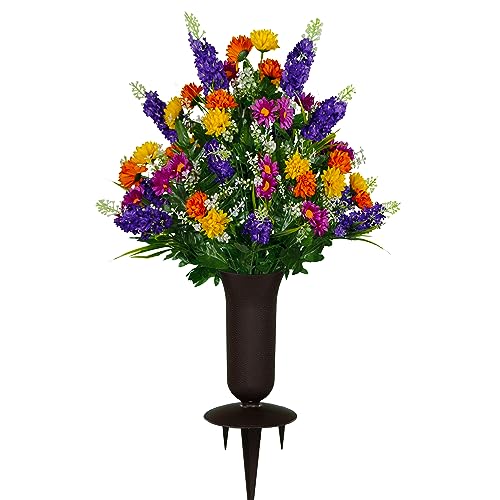 Sympathy Silks Artificial Cemetery Flowers – Realistic Wildflower Outdoor Grave Decorations - Purple Violet Wildflower Bouquet with Cemetery Vase Included - color: Purple Violet, size: Bouquet & Vase