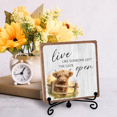 Highland Cow Wooden Sign Gift, Funny Rural Farmhouse Inspirational Decor | Rustic Desk Tabletop, Positive Quotes Decor for Home Office Bedroom, Faith Plaques for Women Men Friend - style: Highland 01