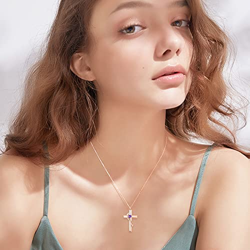 SOULMEET Personalize Solid 10k 14k 18k Real Gold Birthstone Cross Locket for Ashes, Simulated Gemstone Cross Urn Necklaces with Gold Chain Keepsake Cremation Jewelry - style: B-Custom Rose Gold February