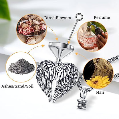 Urn Necklace for Ashes for Women/Men 925 Sterling Silver Cremation Jewelry w/Funnel Filler Memorial Jewelry Gifts - color: C-Angel Wings 1, style: Customized