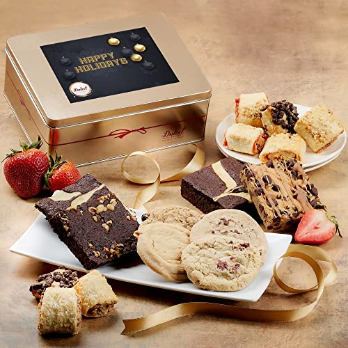 Dulcet Gift Basket Gourmet Brownie and Cookie Snack Signature Gift Basket-Includes a Variety of Pastries in an Elegant Hand Assembled Tin Box, Great for Christmas, Happy Holidays for Friends, Family, Workers, and Colleagues - style: Holiday