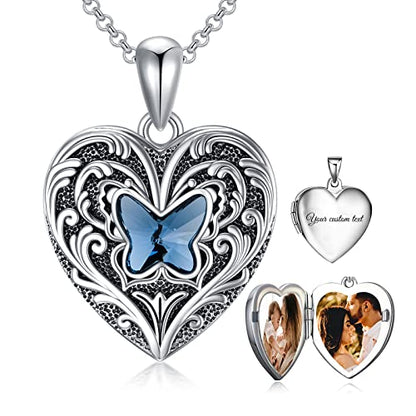 SOULMEET Personalized Butterfly Locket Necklace That Holds Up to 2 Pictures, Memorial Insects Silver Butterfly Photo Locket Custom Any Photo Healing Gift - color: G-Crystal Blue, style: Locket+Custom Photo+Engraved