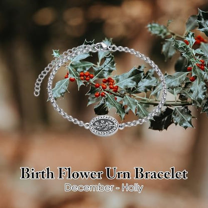 Birth Flower Urn Bracelet for Ashes for Women 925 Sterling Silver Cremation Bracelet Memorial Keepsake Jewelry for Human Ashes - style: 12-December-Holly