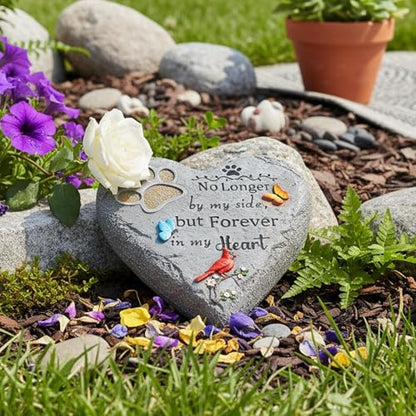Pet Memorial Stone for Cats Dog Remembrance Gift with Paw Print | Pet Grave Markers Heart-Shaped Resin Dog Loss Sympathy Gift 6 inch with Cardinal and Butterfly