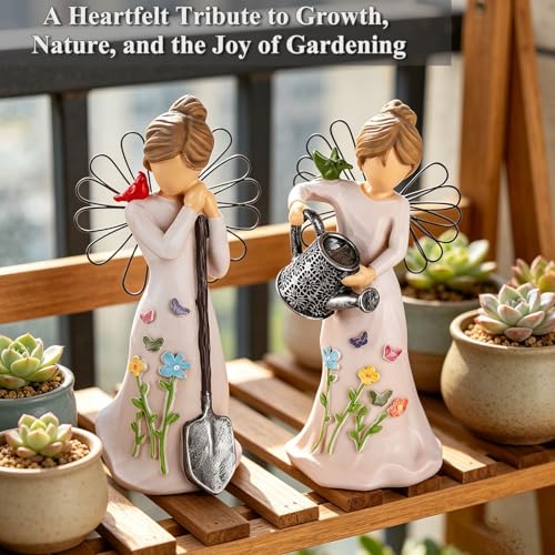 Gardening Gifts for Women - 2 Piece Unique Garden Angel Figurine | 5.9"with Watering & Shovel, Housewarming Gift for Mom Grandma Friend, Sculpted Resin Angel Statues & Friendship - style: Gardening
