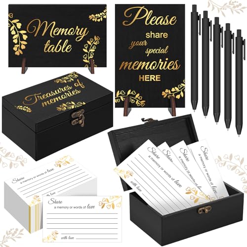 Share a Memory Cards Wooden Box for Celebration of Life Decoration | 100 Pcs Funeral Memorial Cards 2 Wood Sign 1 Memorial Box 5 Pen for Funeral Decorations (Elegant Black & Gold Set) - style: Elegant Black & Gold Set