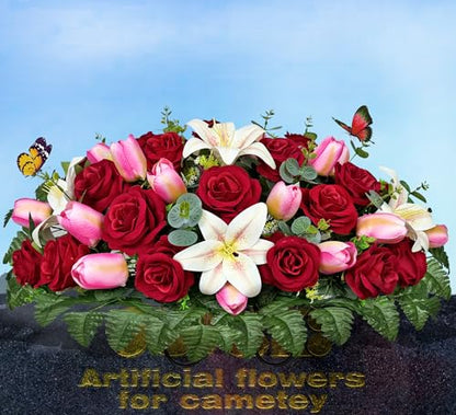 Artificial Cemetery Flowers - Headstone Flower Saddle，Non-Bleed Colors, and Easy Fit - Pink Tulip，White Lily and Red Rose Bouquet