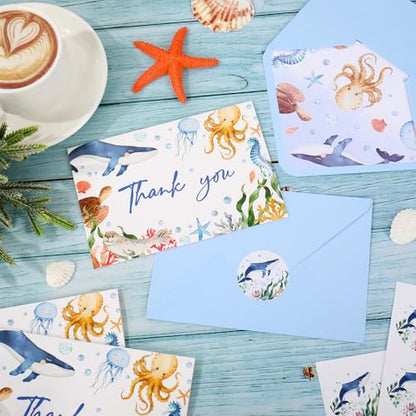 FYSUIMU 24 Pack Ocean Thank You Cards Blue Cartoon Under The Sea Note Cards with Envelopes Stickers Marine Animals Blank Greeting Card for Summer Birthday Baby Shower - style: Sea Animals