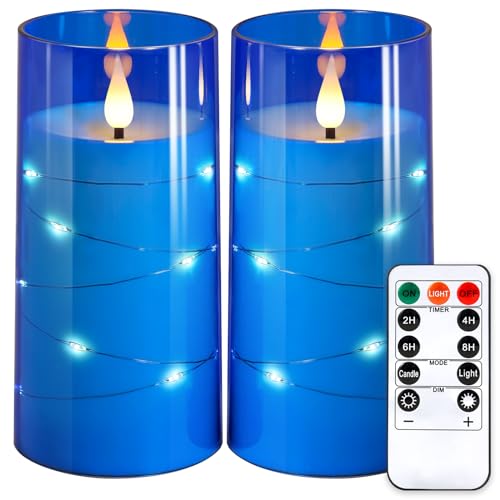 NURADA 3"x6"Flickering Flameless Candles: Built-in Star String 3D Wick Battery Operated LED Candles with Remote and Timer for Wedding Valentine's Day Decor, Blue 2 Pack - color: Blue, size: 6-6 inches