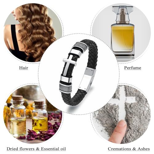 Oinsi Mens Double-Band Black Braided Leather Bangle Bracelets Cremation Jewelry for Ashes Wristband Memorial Urn Bangle with Cross Charm - color: A-Silver-24cm