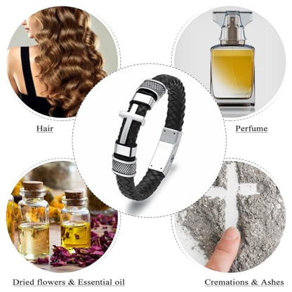 Oinsi Mens Double-Band Black Braided Leather Bangle Bracelets Cremation Jewelry for Ashes Wristband Memorial Urn Bangle with Cross Charm - color: A-Silver-24cm